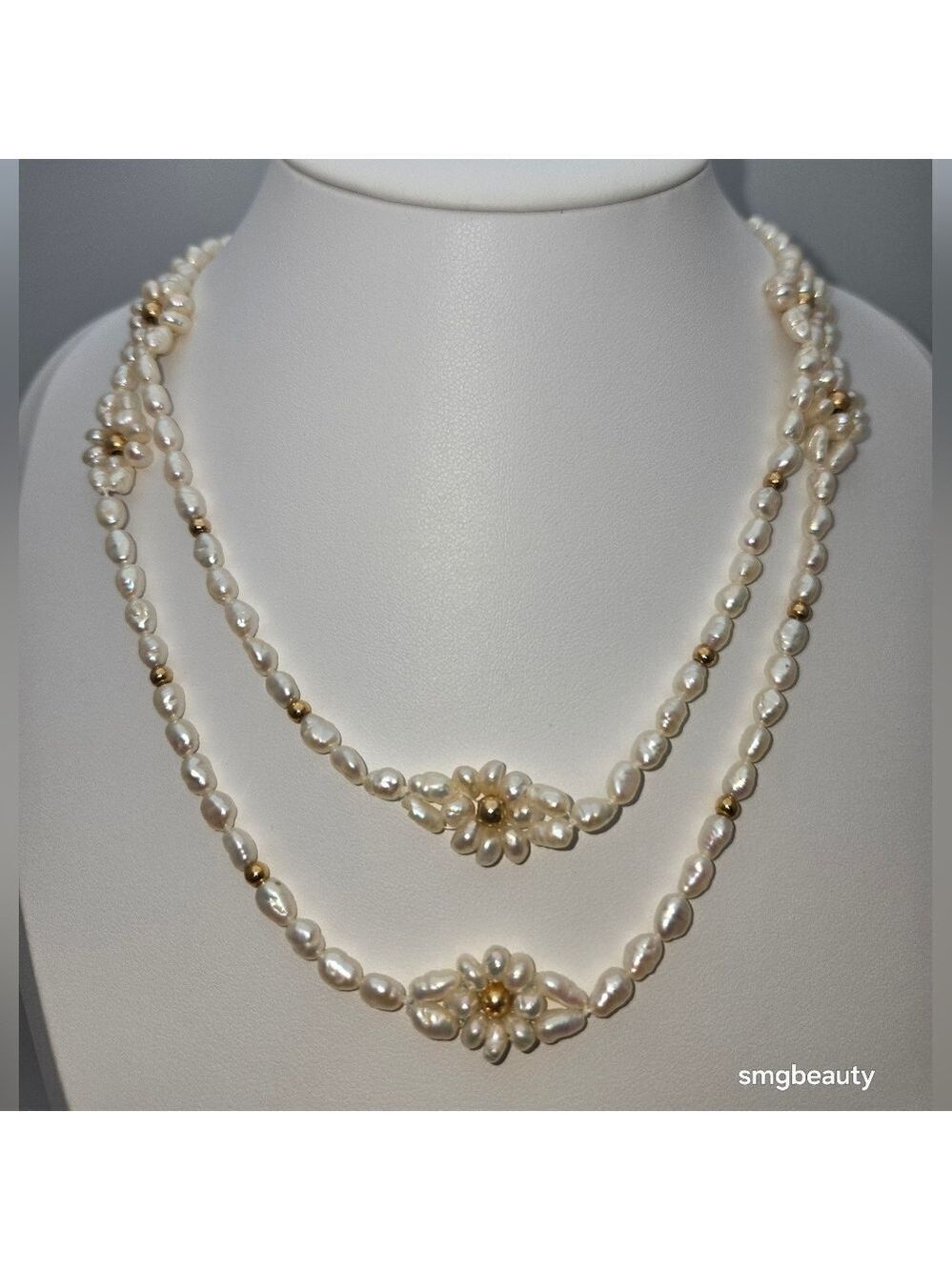 14 K Baroque Freshwater Pearl Necklace Gold Beads Floral Accents 34"